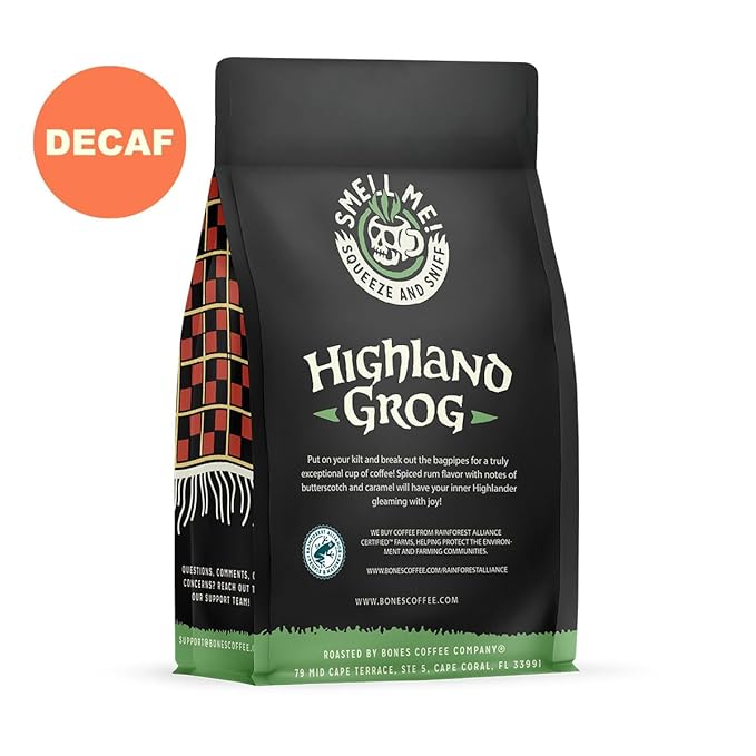 Bones Coffee Company Decaf Highland Grog, Butterscotch Caramel Decaffeinated Flavored Coffee, Medium Roast Low Acid Arabica Beans For Auto drip and French Press Coffee Maker, 12 Oz Whole Bean