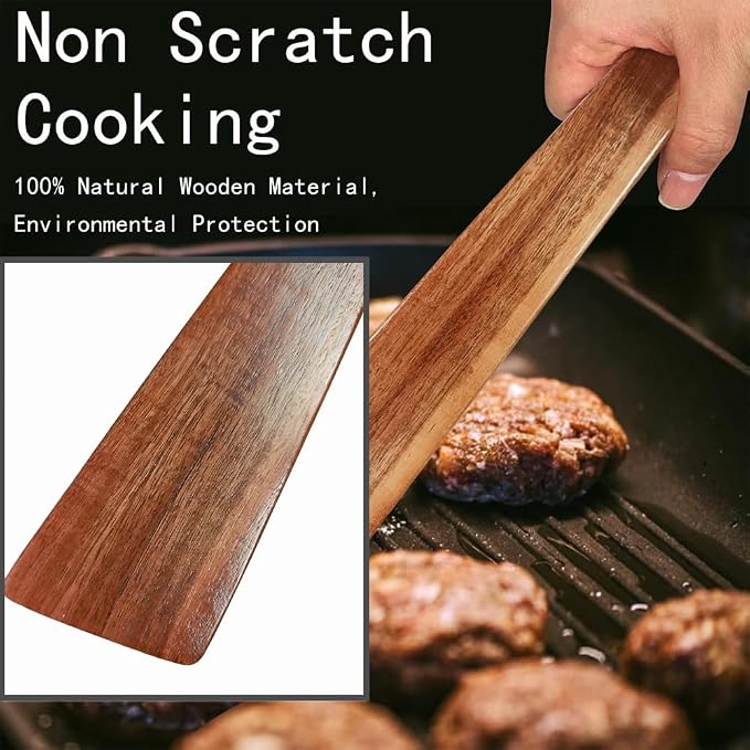 Wooden Kitchen Utensils Set, 4 Pcs Natural Acacia Wood Cooking Tools - Spurtle Set with Spatulas & Cleaning Brush, Non-Scratch for Non-Stick Pans, Safe for Home Cooking