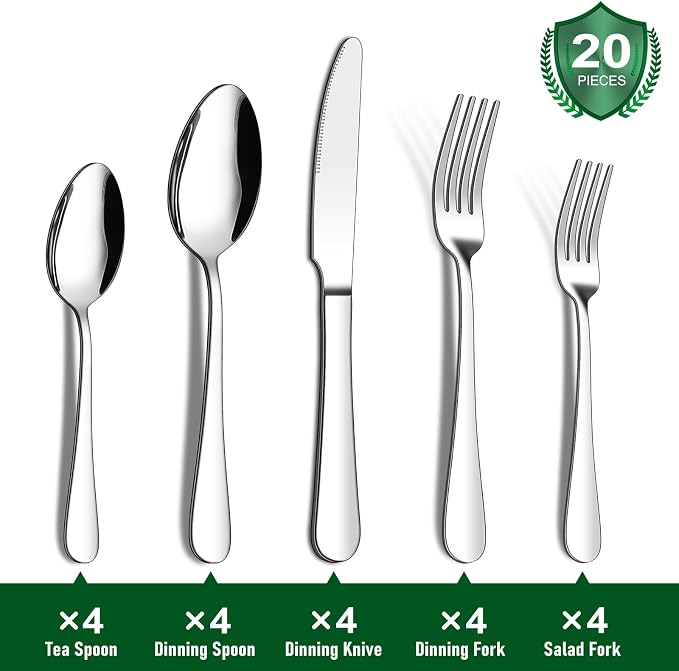 20 Piece Silverware Set, ENLOY Stainless Steel Flatware Cutlery Set, Kitchen Utensil Set Service for 4, Include Knife Fork Spoon, Mirror Polished, Dishwasher Safe