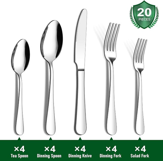20 Piece Silverware Set, ENLOY Stainless Steel Flatware Cutlery Set, Kitchen Utensil Set Service for 4, Include Knife Fork Spoon, Mirror Polished, Dishwasher Safe