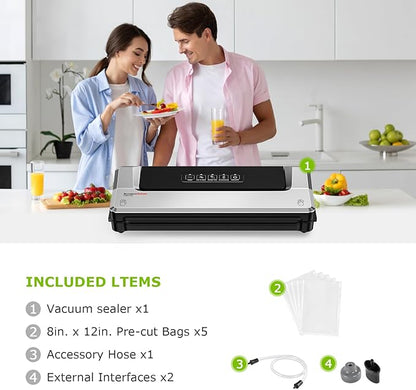 Bonsenkitchen Vacuum Sealer Machine | Compact Food Sealer for Kitchen Storage & Meal Prep | Multiple Modes | External Vacuum System | 5 Bags, Silver