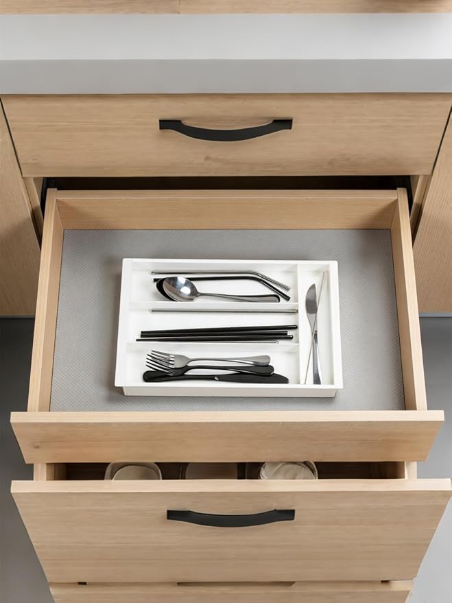 Silverware Drawer Organizer Tray, Adjustable Small Utensil Holder for Spoon and Fork, Expandable Flatware Cutlery Tray for Kitchen Drawers (Cream)