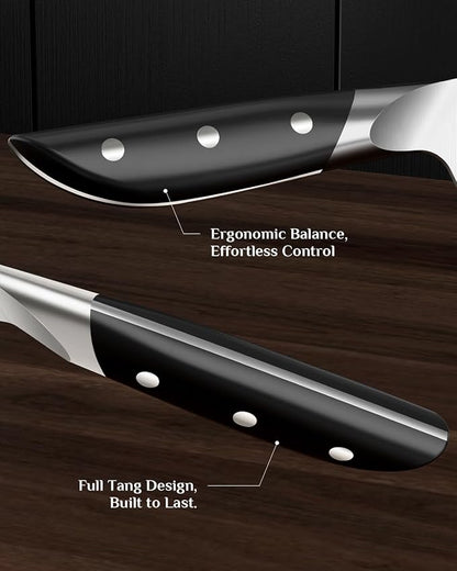 Kitchen Knife Set with Block: 14-Piece German Stainless Steel Full Tang Professional Knife - Comfortable Grip Reduces Hand Fatigue 30% - Dishwasher Safe & Sharpener - Black Knife Set for Cooking