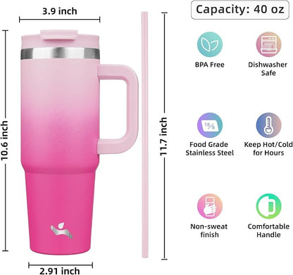 Konokyo 40 oz Tumbler with Handle and 2 Straws,2 in 1 Lid Insulated Water Bottle Stainless Steel Travel Coffee Mug,Cherry Blossoms