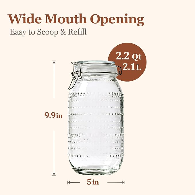 ComSaf 0.5 Gallon (71oz) Vintage Hobnail Glass Storage Jars Set of 3 with Airtight Clamp Lids, Wide Mouth Tall Canister Set for Flour, Sugar, Cereal, Pasta, Pet Food and Pantry Organization
