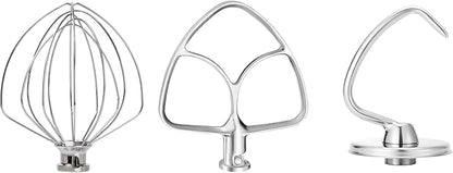 Stainless Steel Accessories for KitchenAid 4.5-5 Qt Tilt-Head Mixer, K45 Whisk, Flat Beater and Dough Hook for 5 Quart Mixing Bowl, Fits KSM45, KSM90, KSM150, Dishwasher Safe, Heavy Duty