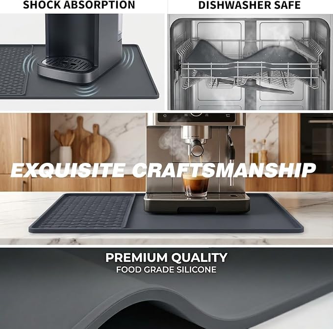 Caketime 2 In 1 Silicone Coffee Bar Mat Accessories for Keurig Coffee Maker with Detachable Dish Drying Rug Kitchen Counter Under Sink Drainer Necessities Home Decor 16"x24" Extra Large Light Gray