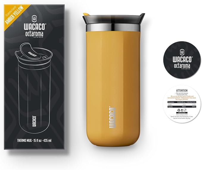 WACACO Octaroma Grande Vacuum Insulated Coffee Mug, 15 fl oz (435ml), Double-wall Stainless Steel Travel Tumbler With Drinking Lid, Amber Yellow