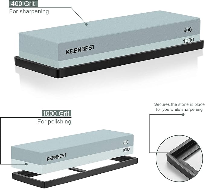 KEENBEST Actual Grit Premium Material Sharpening Stone 2 Side 400 1000 Whetstone Set Kitchen Knife Sharpener Stone Wet Stones for Sharping Knives Kit with Non-slip Rubber Base