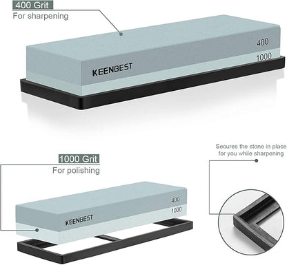 KEENBEST Actual Grit Premium Material Sharpening Stone 2 Side 400 1000 Whetstone Set Kitchen Knife Sharpener Stone Wet Stones for Sharping Knives Kit with Non-slip Rubber Base