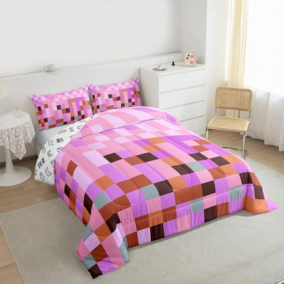 Pixel Grid Theme Comforter Set with 2 Pillowcases,Video Gaming Blocks Super Soft Microfiber Bedding Set for Adults Teens,Geometric Colorful Plaid Lattice Pink Purple Duvet Set for Room Decor,King