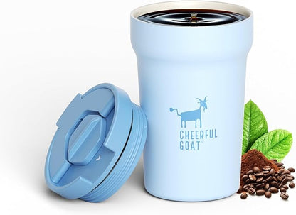 CHEERFUL GOAT Ceramic Lined Coffee Mug – Stainless Steel Travel insulated Tumbler with Ceramic Liner, with lid, 12oz Leak proof Cup for Hot and Cold Water Coffee at Home, Office, or On the Go (Blue)