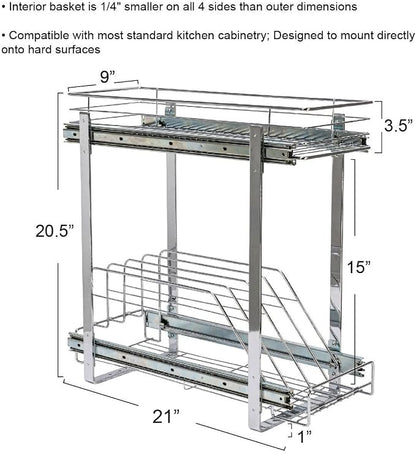 Household Essentials Glidez Multipurpose Chrome-Plated Steel Pull-Out/Slide-Out Dual-Sliding Storage Organizer for Cookware and Bakeware - 2-Tier Design - Fits Standard Size Cabinet or Shelf, Chrome
