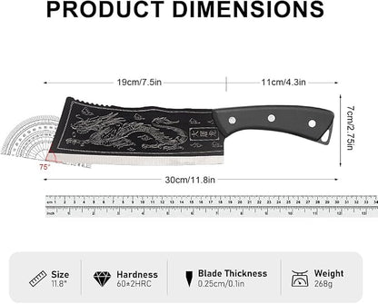 Dragon Engraved Chinese Cleaver with Sheath, High Carbon Stainless Steel Sharp Chef’s Tool for Kitchen, Meat Cleaver, Vegetable or Meat Cutting, Cool for Men, Ideal for Home Cooking or Camping