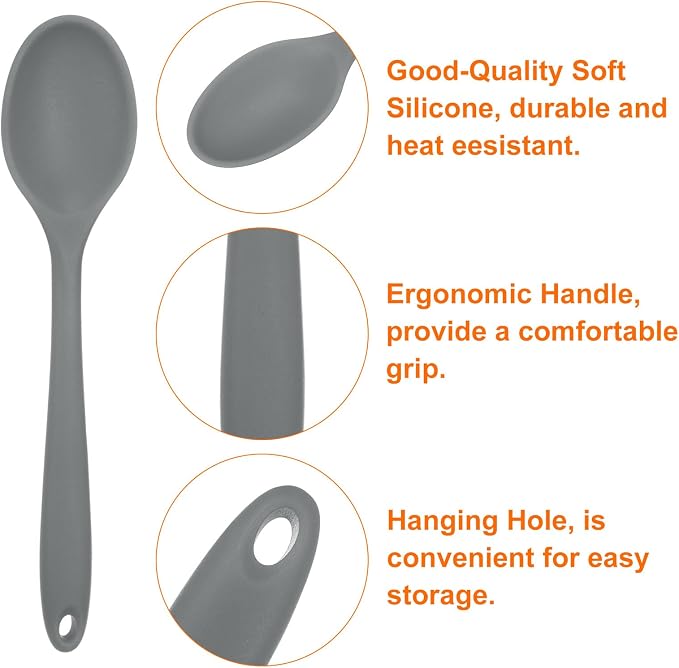 HARFINGTON 2Pcs Silicone Spoons, Heat Resistant Kitchen Cooking Utensil Spoon for Cooking, Mixing, Stirring and Serving, Grey