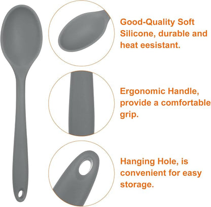 HARFINGTON 2Pcs Silicone Spoons, Heat Resistant Kitchen Cooking Utensil Spoon for Cooking, Mixing, Stirring and Serving, Grey