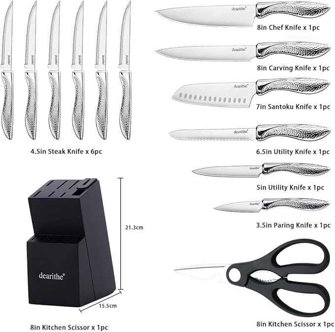Knife Sets for Kitchen with Block, 14 Piece High Carbon Stainless Steel Knife Block Set with Built-in Sharpener, Professional Kitchen Knife Set, Hammered Pattern Hollowed Handle Design