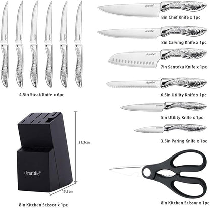 Knife Sets for Kitchen with Block, 14 Piece High Carbon Stainless Steel Knife Block Set with Built-in Sharpener, Professional Kitchen Knife Set, Hammered Pattern Hollowed Handle Design