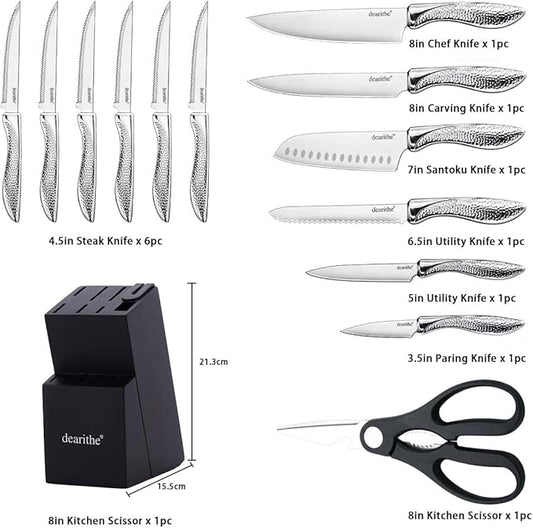 Knife Sets for Kitchen with Block, 14 Piece High Carbon Stainless Steel Knife Block Set with Built-in Sharpener, Professional Kitchen Knife Set, Hammered Pattern Hollowed Handle Design