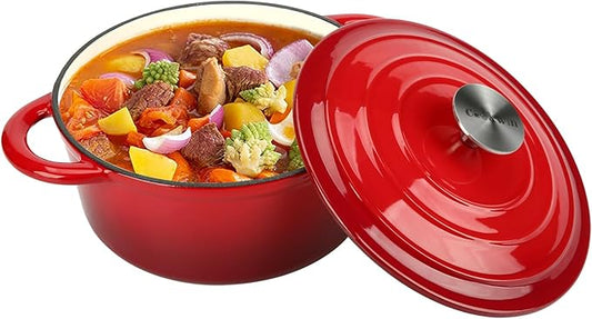COOKWIN Cast Iron Dutch Oven,3 QT Dutch Oven Pot with lid Heavy Duty Dutch Ovens Enameled Cast Iron Pot Dual Handles Cookware for Baking Bread,Braiser,Soup,Meat, Ideal for Family, Cerise