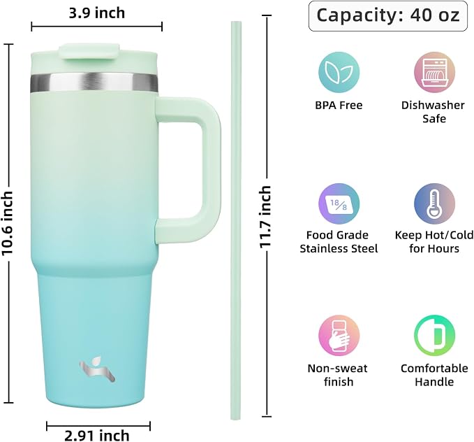 Konokyo 40 oz Tumbler with Handle and 2 Straws,2 in 1 Lid Insulated Water Bottle Stainless Steel Travel Coffee Mug,Mint