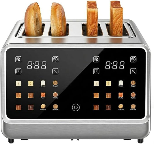 4 Slice Touch Screen Toaster with LCD Display Stainless Steel Digital Toasters 6 Bread Types& 6 Shade Settings Smart Extra Wide Slots Toaster With Bagel Cancel Defrost Reheat Functions