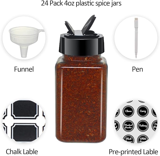 24 Pack 4oz Clear Plastic Spice Jars With Black Plastic Lids, Square Spice Bottles, Seasoning Containers with Chalk Labels, Pen, Funnel, Spice Containers For Kitchen Cabinet