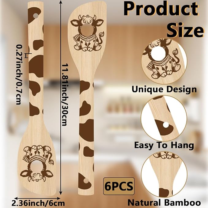 6Pcs 6 Styles Cow Cooking Utensils Set for Kitchen 2.4 x 11.8 Inch Bamboo Durable Utensils, Cute Kitchen Wooden Spoons for Housewarming Wedding Anniversary Thanksgiving Birthday Gift Use