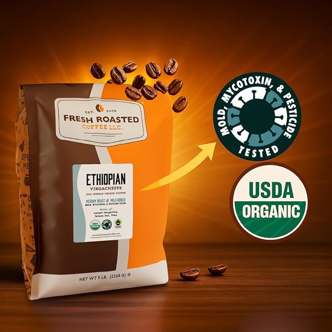 Fresh Roasted Coffee, Organic Ethiopian Yirgacheffe | USDA Organic, Mold & Myco 3rd Party Tested, Kosher | 5 lb (80 oz) Ground