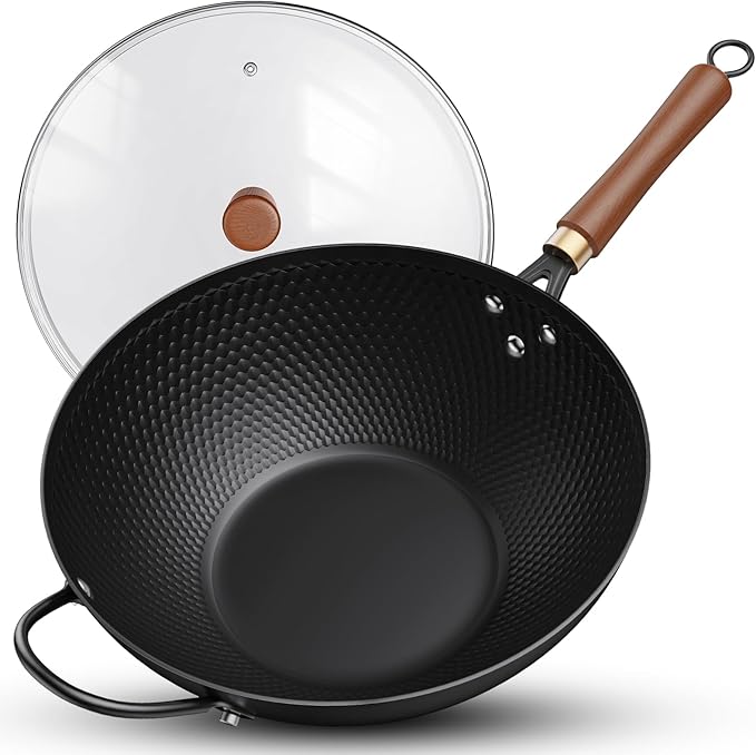 Todlabe 13-Inch Carbon Steel Wok Pan with Glass Lid, Naturally Nonstick Pre-Seasoned Woks & Stir-Fry Pans, No Chemical Coating, Flat Bottom for Induction, Gas, Electric, Halogen & All Stoves