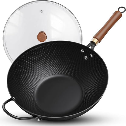 Todlabe 13-Inch Carbon Steel Wok Pan with Glass Lid, Naturally Nonstick Pre-Seasoned Woks & Stir-Fry Pans, No Chemical Coating, Flat Bottom for Induction, Gas, Electric, Halogen & All Stoves