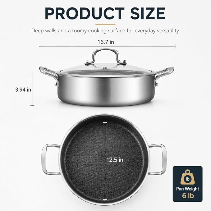 Tri-Ply Stainless Steel 7 Quarts Saute Pan, 12 Inch Nonstick Skillet with lids, Fast even Heat cookware, Hybird Large Frying Pan, 18/10 Chef's Cooking Pan, Induction Pan, Dishwasher and Oven Safe