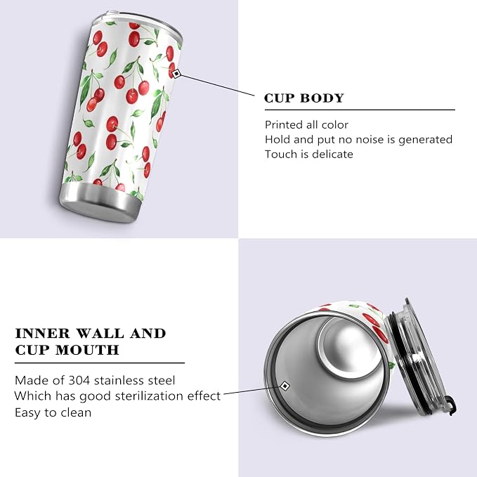 Tumbler Cherry Green Leaves Insulated Office Coffee Cup Back to School Beverage Container Travel Mug with Straw and Lid Double Wall Stainless Steel 20oz