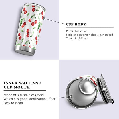 Tumbler Cherry Green Leaves Insulated Office Coffee Cup Back to School Beverage Container Travel Mug with Straw and Lid Double Wall Stainless Steel 20oz