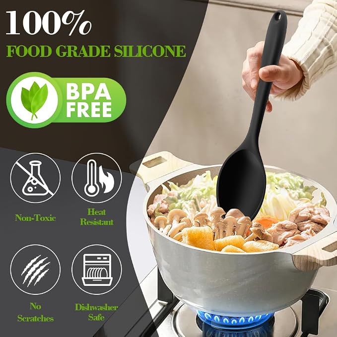 Silicone Spoons for Cooking, 4 Pcs Large Serving Spoons 10.8" Nonstick Heat Resistant Cooking Spoons Utensils Mixing Kitchen Spoon for Cooking, Baking, Serving, Mixing and Stirring, Black
