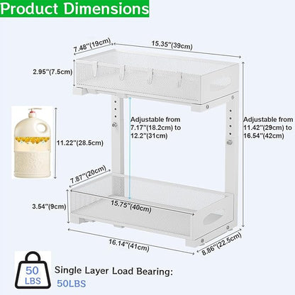 2-Pack Under Sink Organizer, 2-Tier Pull Out Baskets, White | Rustproof carbon steel, 2 tier mesh sliding drawers, Height adjustable to bypass pipes, For kitchen, bathroom, laundry