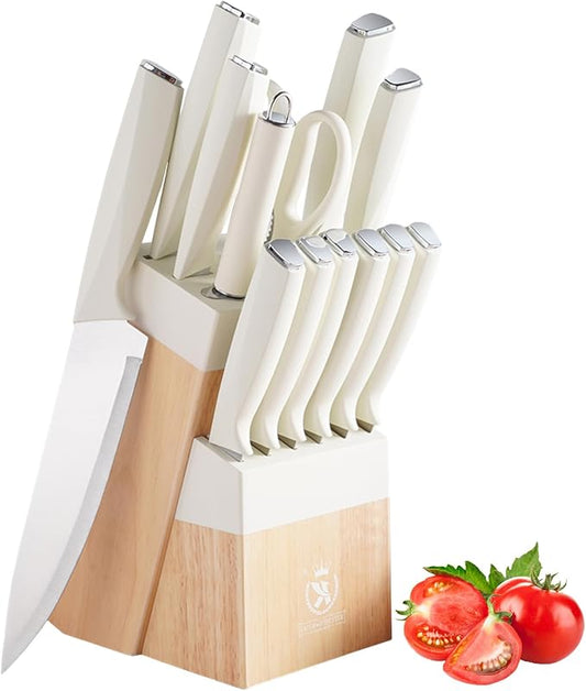 White Knife Set with Wood Block, 14-Piece Aesthetic Kitchen Knife Sets for Women,Non Rust Sharp Stainless Steel Knives With Sharpener,Gifts for Modern Kitchen Decor
