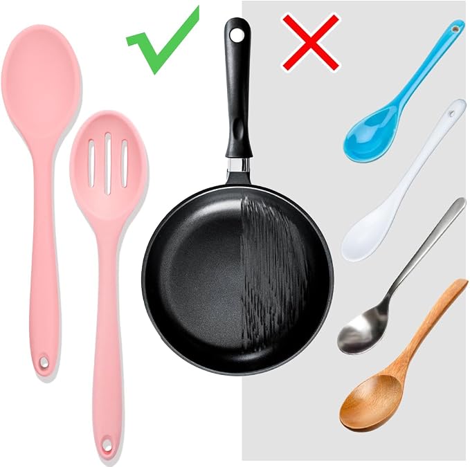 8 Pcs Heat Resistant Non Stick Silicone Serving Spoons Set -Ideal for Cooking, Baking, Mixing, Stirring Includes Slotted & Solid Spoons, Design for Nonstick Cookware (Pink)