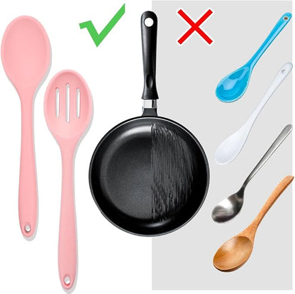 8 Pcs Heat Resistant Non Stick Silicone Serving Spoons Set -Ideal for Cooking, Baking, Mixing, Stirring Includes Slotted & Solid Spoons, Design for Nonstick Cookware (Pink)