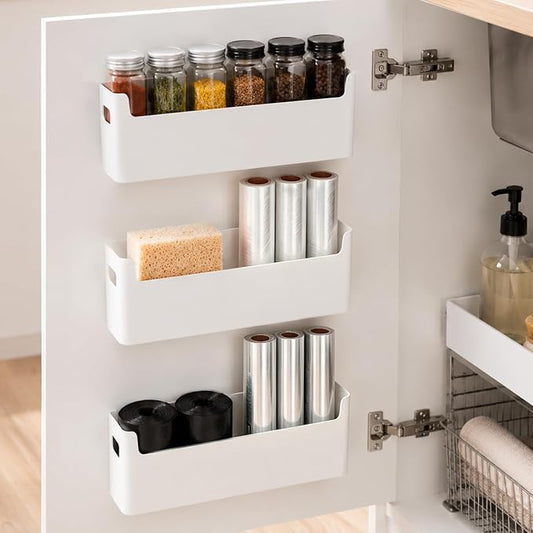 3 Pcs Kitchen Cabinet Door Organizer, Adhesive Mount Inside Cabinet Door Storage, Under Sink Storage Shelf for Kitchen,Bathroom,Office (White)
