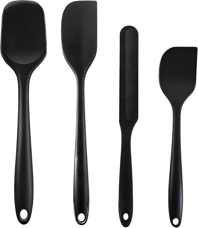 Silicone Spatula Set, Food Grade Rubber Spatula, 4 Pcs Heat Resistant Silicone Spatulas, One Piece Design Non-Stick Kitchen Utensils for Cooking, Stirring, Baking & Mixing, Dishwasher Safe (Black)