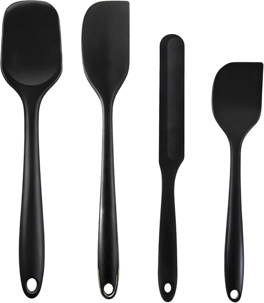 Silicone Spatula Set, Food Grade Rubber Spatula, 4 Pcs Heat Resistant Silicone Spatulas, One Piece Design Non-Stick Kitchen Utensils for Cooking, Stirring, Baking & Mixing, Dishwasher Safe (Black)