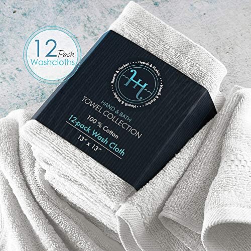 Hearth & Harbor Washcloths 12 Pack - 100% Cotton Washcloth for Body and face, High Absorbent and Soft 13"x13" Body Wash Cloth, Quick Dry - White Washcloths