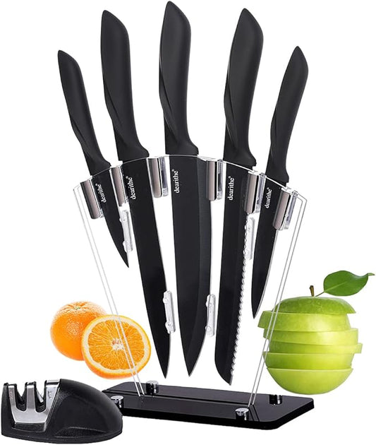 Kitchen Knife Set 7 Piece, High Carbon Stainless Steel Knife Block Set with Knife Sharpener, Professional Chef Knife Set with Acrylic Stand,Non stick coating for Anti-rusting and Sharp