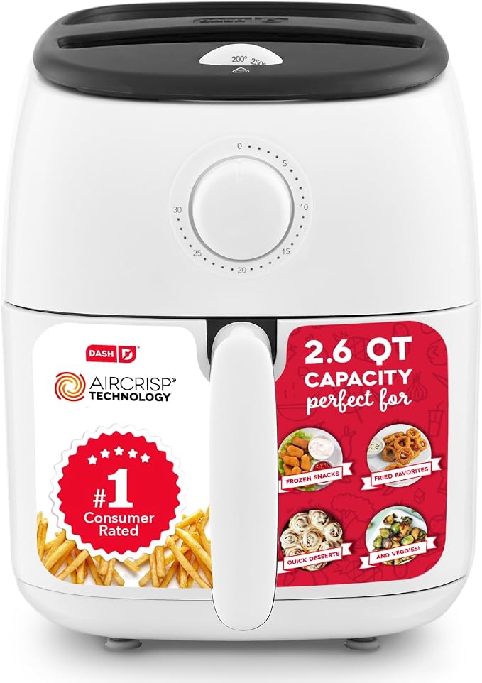 Dash Tasti-Crisp™ Air Fryer - AirCrisp® Technology - Compact Design with Adjustable Temperature Control - Nonstick Fry Basket & Auto Shut-Off Feature - 2.6 Quarts - White