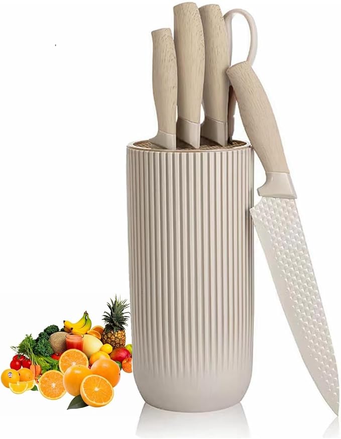 Luxury Aesthetic Kitchen Knife Set with Holder,6Pcs Beige Knife Set with Wood Grain Handle,Stainless Steel Chef Knives and Scissors,Gift for Cooking