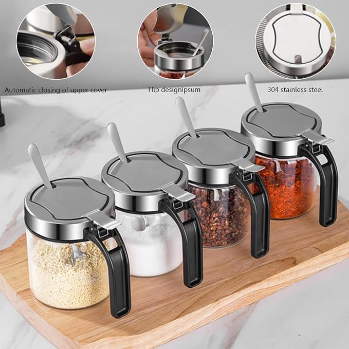 Revolving Condiment Pots Sugar Bowl Salt & Pepper Cellar with Lid and Spoon, Set of 4 Seasoning Box Spice Jar with 360 Rotating Holder Tray for Kitchen, 4 Pots