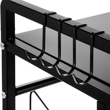 DEAYOU Extendable Microwave Oven Rack, 2-Tier Toaster Stand Utensils Storage with 8 Hooks, Adjustable Kitchen Countertop Organizer Shelf for Air Fryer, Rice Cooker, Spice, 110lbs Weight Capacity