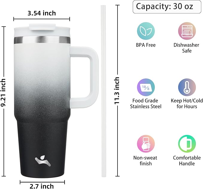 Konokyo 30 oz Tumbler with Handle and 2 Straws,2 in 1 Lid Insulated Water Bottle Stainless Steel Travel Coffee Mug,Day Night