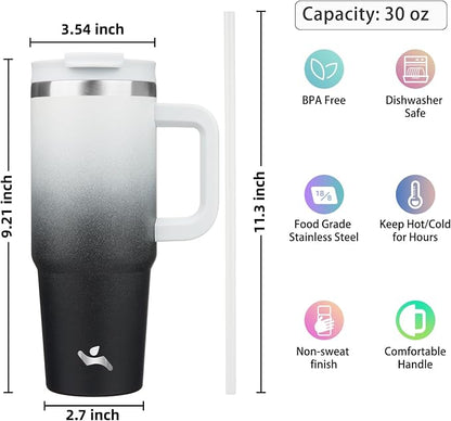 Konokyo 30 oz Tumbler with Handle and 2 Straws,2 in 1 Lid Insulated Water Bottle Stainless Steel Travel Coffee Mug,Day Night